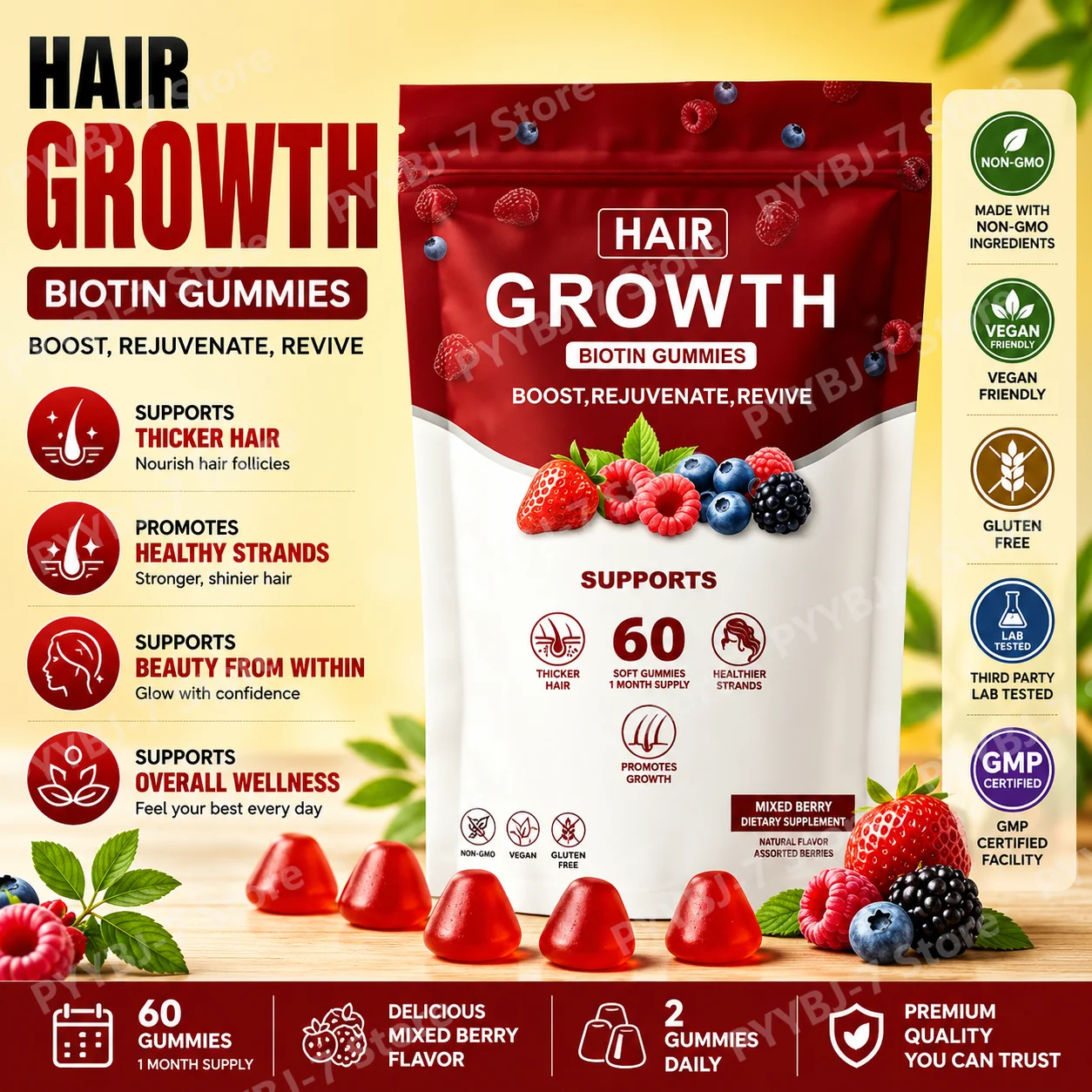 

Biotin Beauty Gummies for Women, Hair Skin Nails Support with Silica Vitamins C D E, Wild Berry Soft Gummies, 60 Count