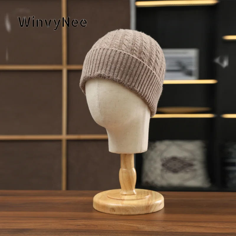 WinvyNee Women Delicate Cable Twist Roll‑Cuff Pure Wool Knitted Beanie Gentle Warmth Elastic Soft Trendy Spring Autumn ZI1883024