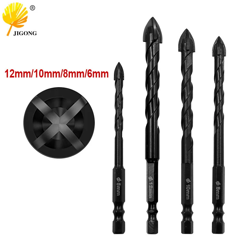 Four-blade cross spiral groove drill bit, hexagonal handle, double groove glass drill, ceramic glass cement wood punching drill