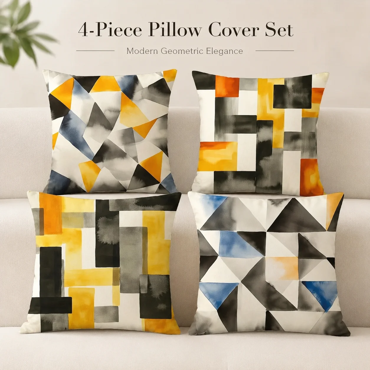 

4Pcs Peach Skin 2D Flat Printed Yellow Gray Geometric Cushion Covers Coussin Abstract Pillowcase Room Decor For Bedroom