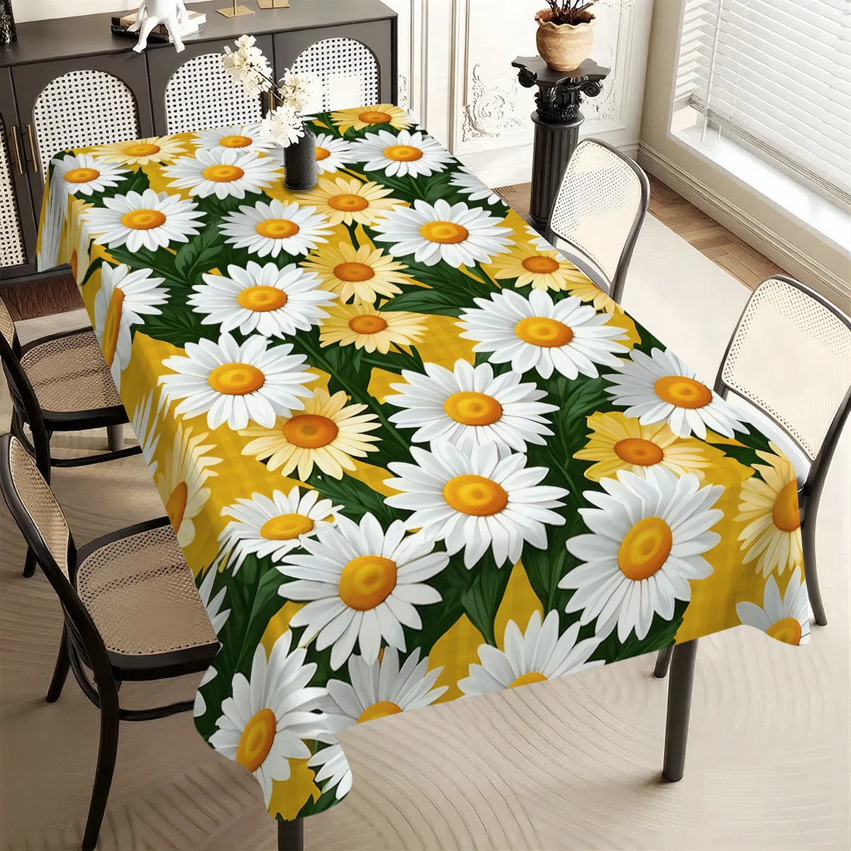 [Holiday Gift] 1pc Bright Yellow and White Daisy Pattern Printed Foldable Easy-to-Store Table Cover, Suitable for Kitchen, Dining Room, Festivals, Parties, Can Be Used as a Holiday Gift, Party Tablecloth, Modern Dining Tablecloth, Durable Tablecloth