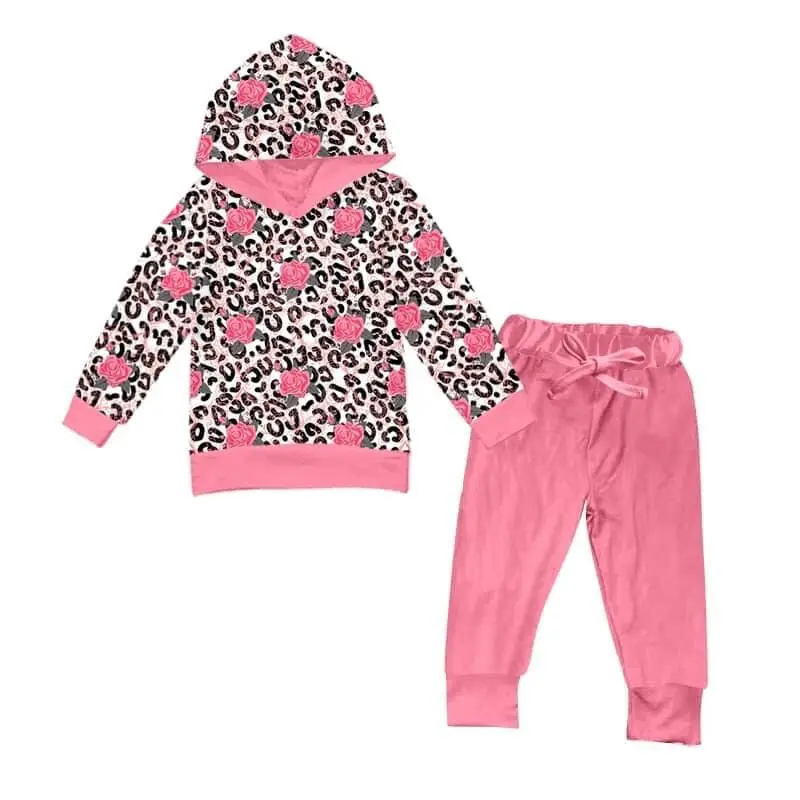 

Boutique toddler girls clothes sets pink leopard floral print long sleeves hoodie outfits