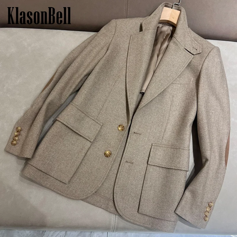 9.24 KlasonBell Classic Wool Herringbone Single Breasted Slim Blazer Long Sleeve Spliced Suede Leather Big Pocket Jacket Women