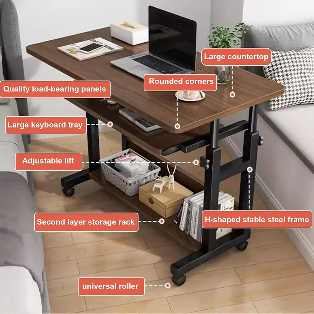 مكتب كمبيوتر متنقل، مكتب صغير قابل للتعديل، مكتب مكتب خشبي مع عجلة، طاولة فوق السرير ارتفاع قابل للتعديل #2