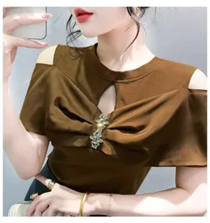 2024 New Arrival Summer Cotton T-shirt For Girl O Neck Short Sleeves Tops Women Off Shoulder Fashion Hollow Out T Shirts