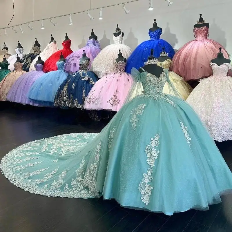 

Aqua Blue Shiny Quinceanera Dress Ball Gown Lace Up Graduation Sweetheart quinceanera de 15 anos Applique Lace Beads Sweet 16