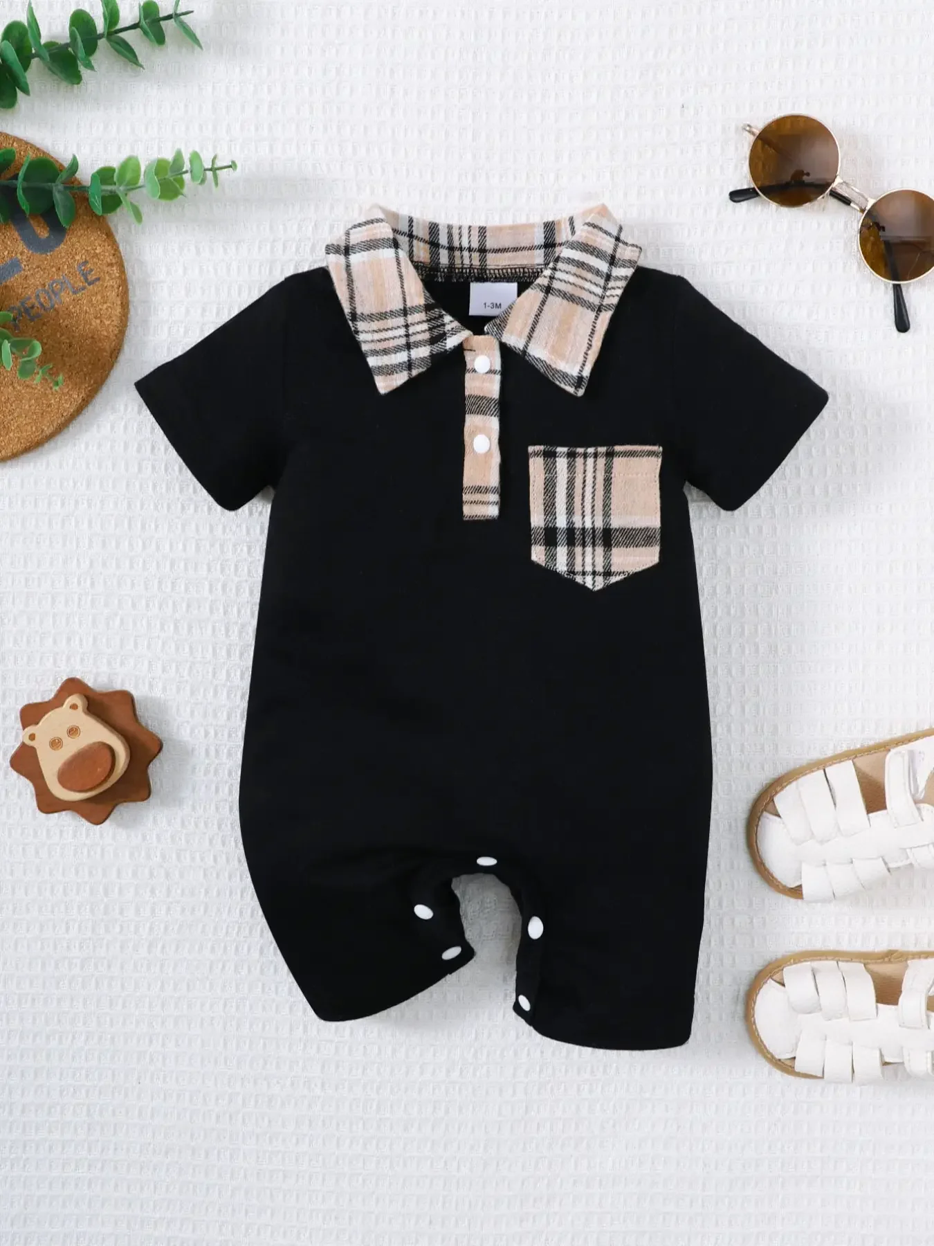 Summer Newborn Infant Baby 0-1 Years Old Boys Lapel Grid Splicing Short Sleeve Onepiece Rompers