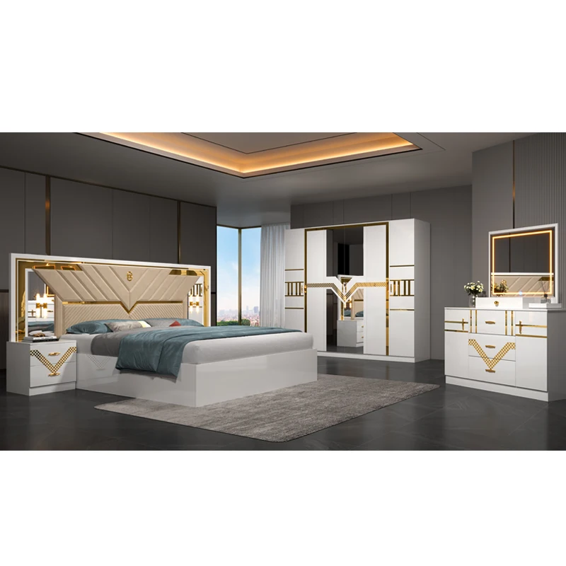 

&2026 New Design Wooden Double Leather Bed Room Suite Modern Luxury Full Set Cheap 5 Piece Mdf Home Furniture Bedroom Sets