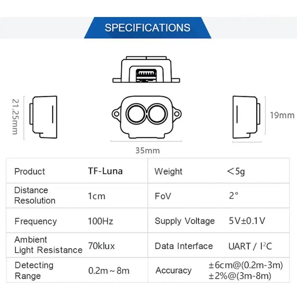 Benewake TF-Luna LiDAR Range Finder Module 5V UART IIC Interface 8m Single-Point Micro Ranging Sensor for Arduino Pixhawk