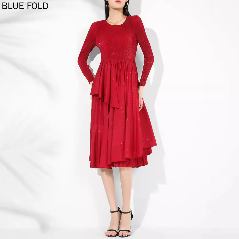 

MIYAKE Early Autumn High-end Dress Women Elegant Commuting Round Neck Long Sleeves Waist-hugging Slim Medium-leng Cake Dresses