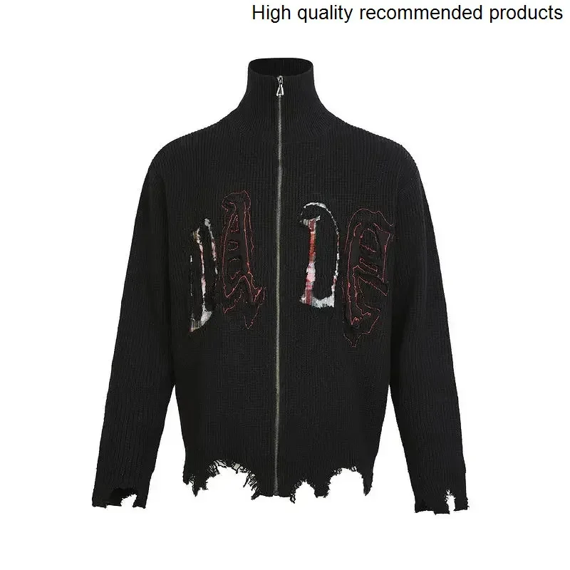 

Hop Men Streetwear Vibe Hip Patchwork Fashion Stand Collar Loose Zipper Knitted Cardigan Sweater Coat Man Knitwear Jacket