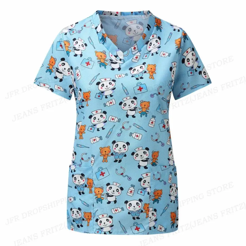 Pharmacist Dentist Veterinary Nurse Uniform Animal V-Neck Pocket Medical Uniforms Cartoon Nursing Scrubs Tops Uniforme enfermera