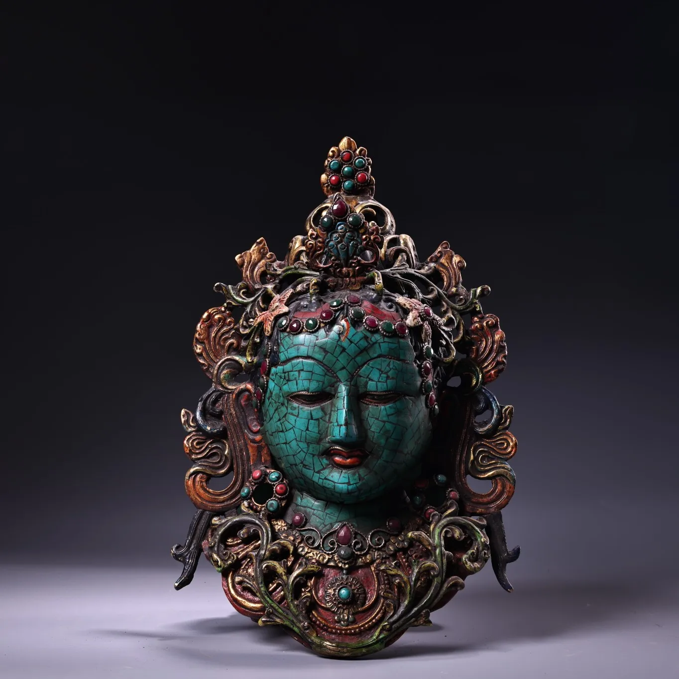 

11"Tibetan Temple Collection Old Bronze Outline in gold Mosaic Gem Turquoise Green Tara Buddha Head Mask Worship Hall Town house