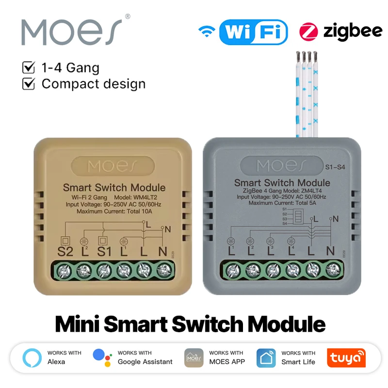 MOES Tuya Mini Smart Switch 1-4 Gang,WiFi/Zigbee DIY Module,Works with Alexa&Google Home,Timer&Voice Control,Home Automation​​