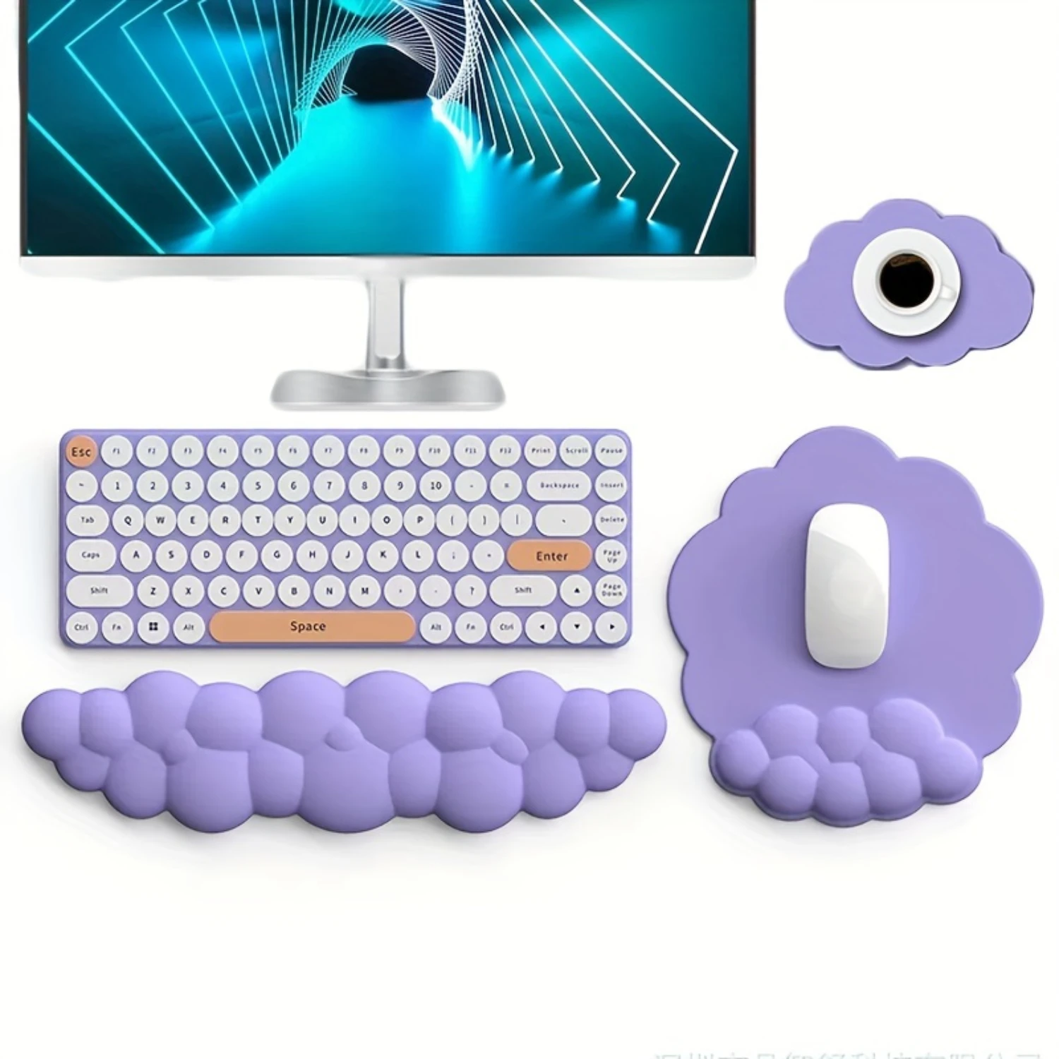 Tappetini per mouse e tastiera a forma di nuvola in 3 pezzi con set di supporto per il polso - Accessori da scrivania ergonomici in pelle PU con resistente all'acqua