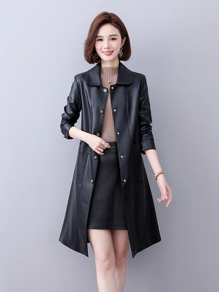 本革ジャケット レディース 2025年新作 スリムフィット ロング丈 シープスキン レザー ウィンドブレーカーコート
