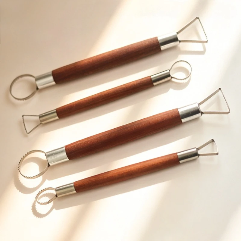 2Pcs/Set Double End Stainless Steel Serrated Pottery Trimming Knife Wooden Handle Clay Sculpting Modeling Tool for Ceramic Art