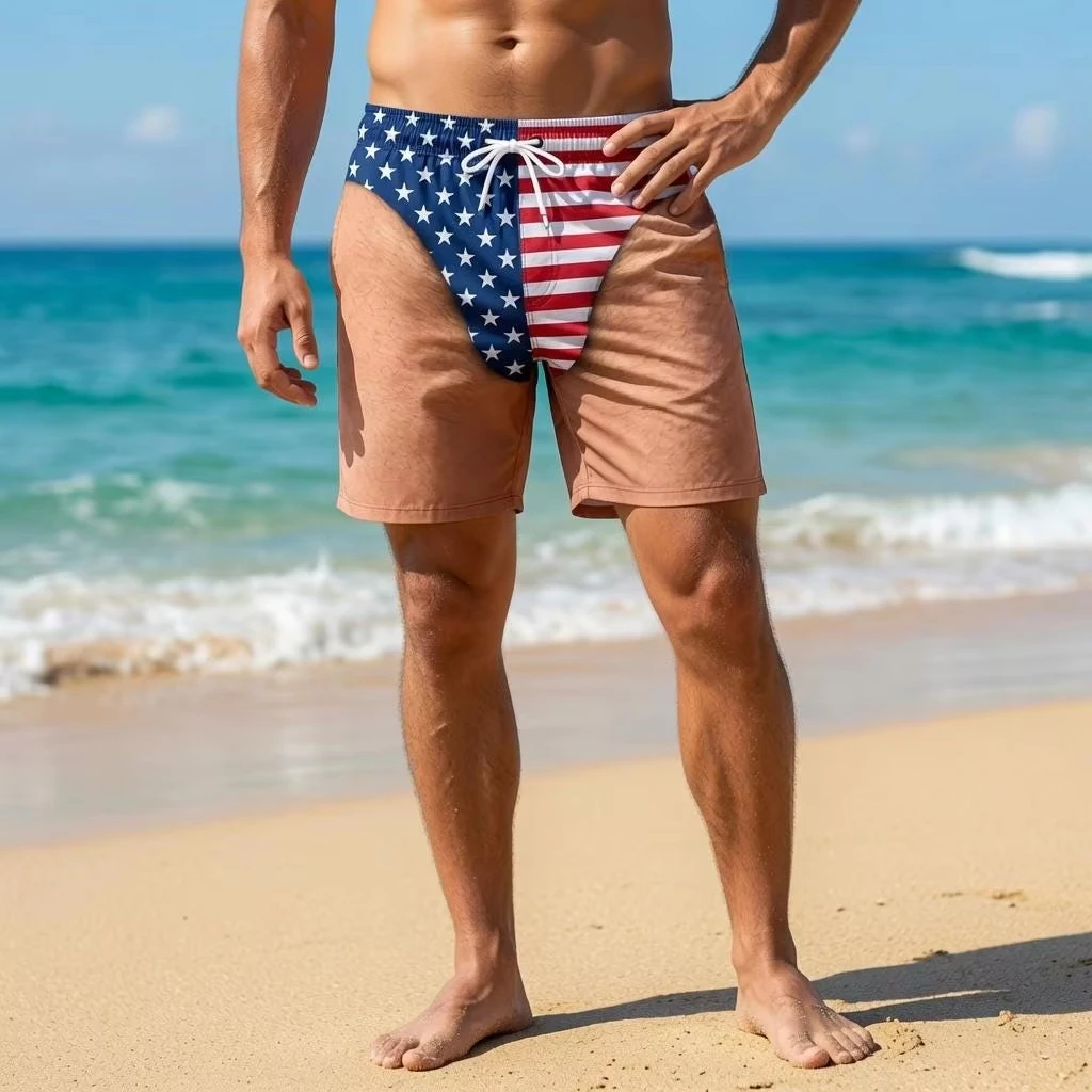 Personalized Funny Patriotic Swim Trunks, American Flag Swim Shorts 3D Print Skin Swimwear, Short for Dad, Husband Gag Gift Moto