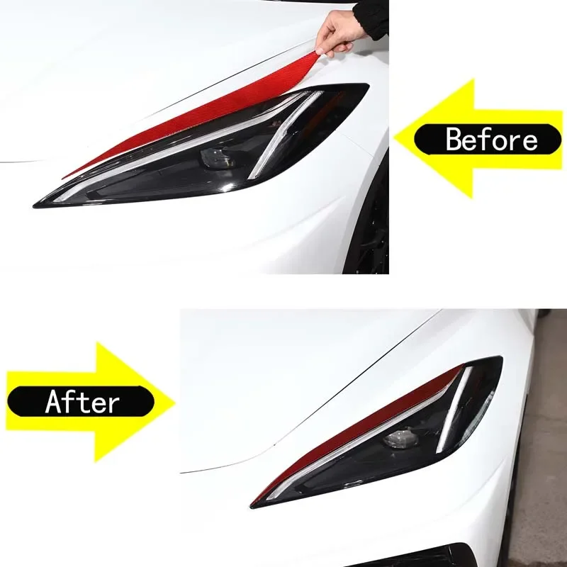 Red Carbon Fiber Car Front Head Light Eyebrow Strip Trim Decorative Lip Kit For Chevrolet Corvette C8 Stingray Z51 2020-2023