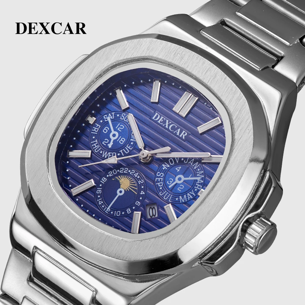 2024 New DEXCAR Dark Blue Mens Quartz Watches Top Brand Luxury Chronograph Watch For Men Waterproof Stainless Steel Reloj Hombre