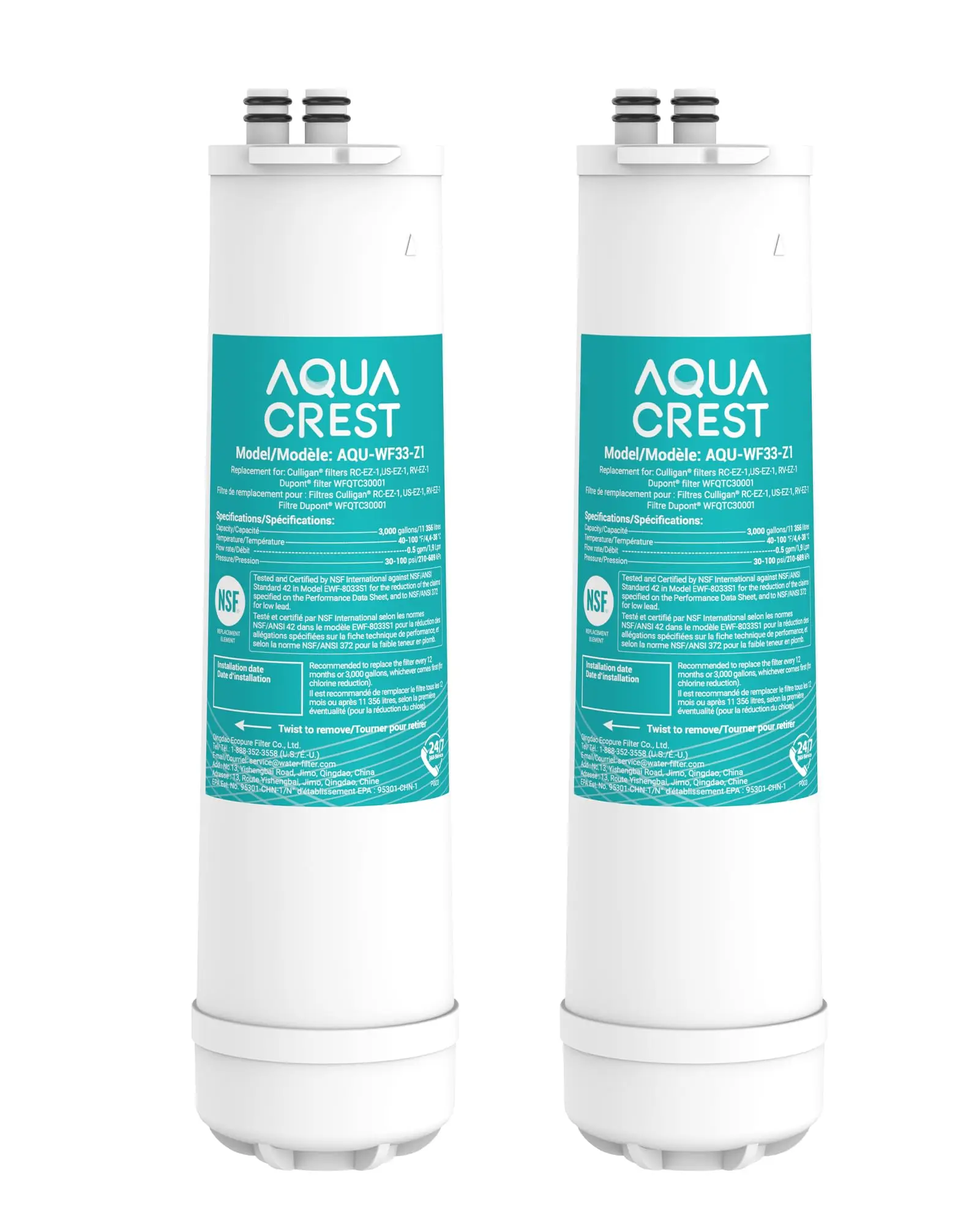 AQUA CREST RC EZ 1 Water Filter Replacement For Culligan® RC-EZ-1, 2 Pack, Compatible with DuPont® Carbon 3000QT Filter, Culligan® US-EZ-1, RV-EZ-1, Brita® USF-201, USF-202, 3K Gallons