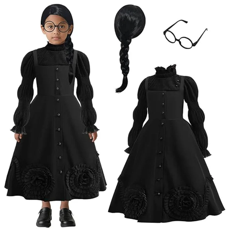 LZH Costume de sorcière méchante pour fille, robe de princesse sorcière de luxe noire pour enfants, tenues de Cosplay de film de fête d'halloween avec perruques et lunettes