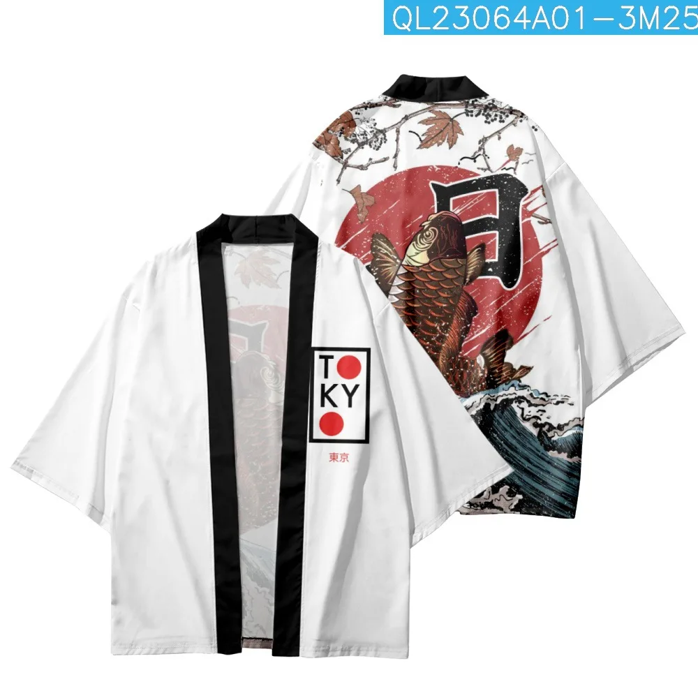 

Japanese Tokyo Carp Wave Printed Kimono Men Cardigan Casual Loose Streetwear Harajuku Cosplay Yukata Asian Clothing