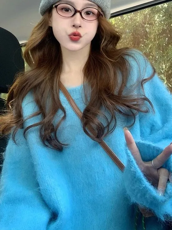 Damski sweter Thiened Long Camere 2025, nowy model jesienno-zimowy, luźny, elegancki, koreański sweter z dzianiny, słodki, o swobodnym kroju.