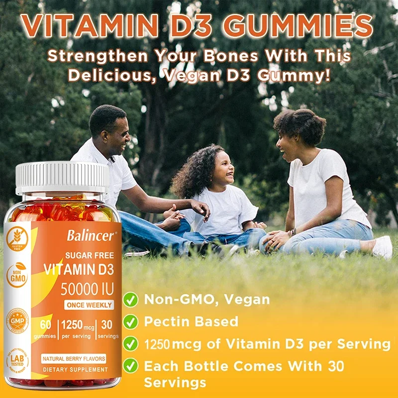 Sugar-Free Vitamin D3 Gummies - 50,000 IU Supports the Immune System, Non-GMO Gluten-Free Vegan Supplement