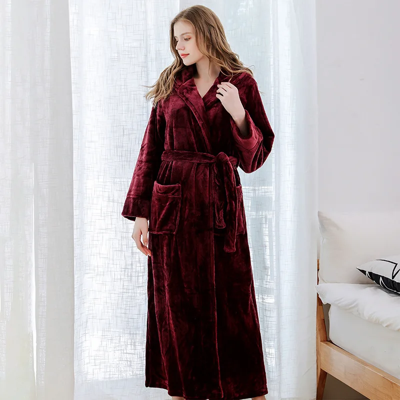 Women\'s Hooded Nightgown Thickened Long Hotel Yukata Warm Sleepwear Autumn and Winter Coral Fleece Bathrobe