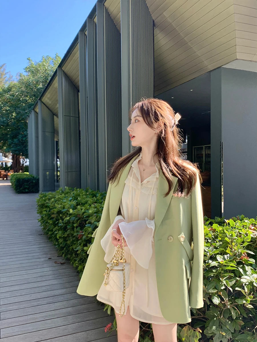 

Spring een Double-breasted Design Loose Versatile 2-color Women's Suit Jaet Faionable Casual Long Sve Pure Color