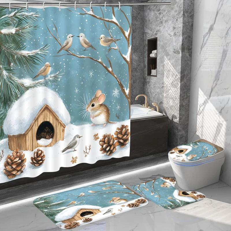 1pc/4pcs Animal Set, Cute Hamster Bird Foraging in The Forest Printed Shower Curtain, Winter Home Bathroom