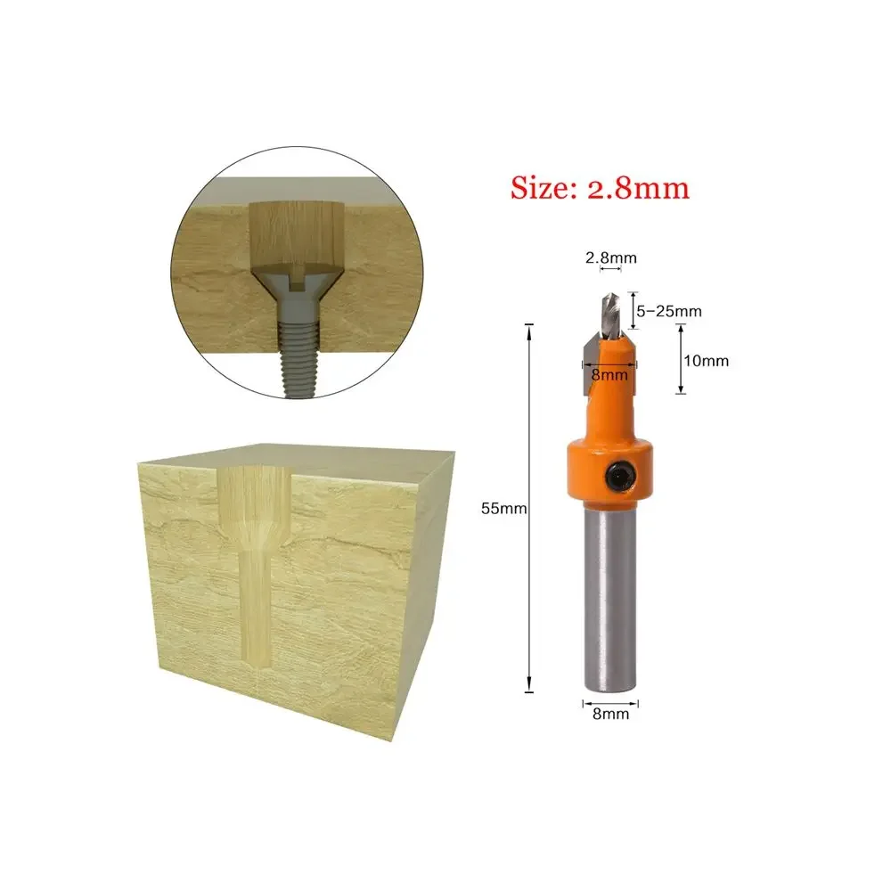 Haste Countersink Broca Set, Madeira Router Bit, Fresa, Carpintaria Alargador, 2.8mm, 3mm, 3.2mm, 3.5mm, 4mm, 8mm, 1Pc