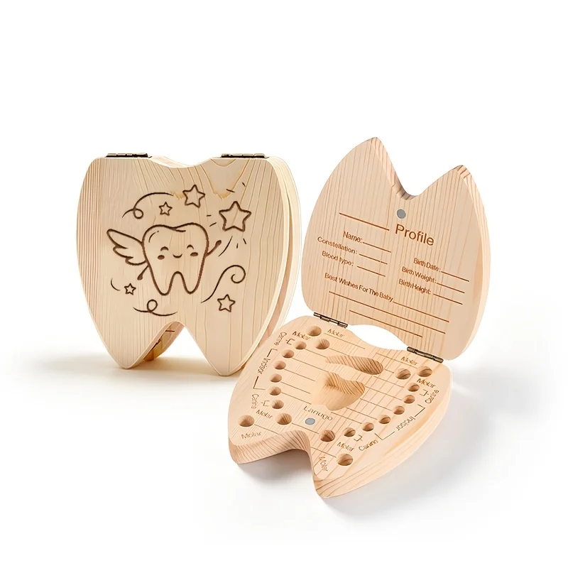 1PCS Tooth-Shaped 2D Wooden Tooth Fairy Keepsake Box 