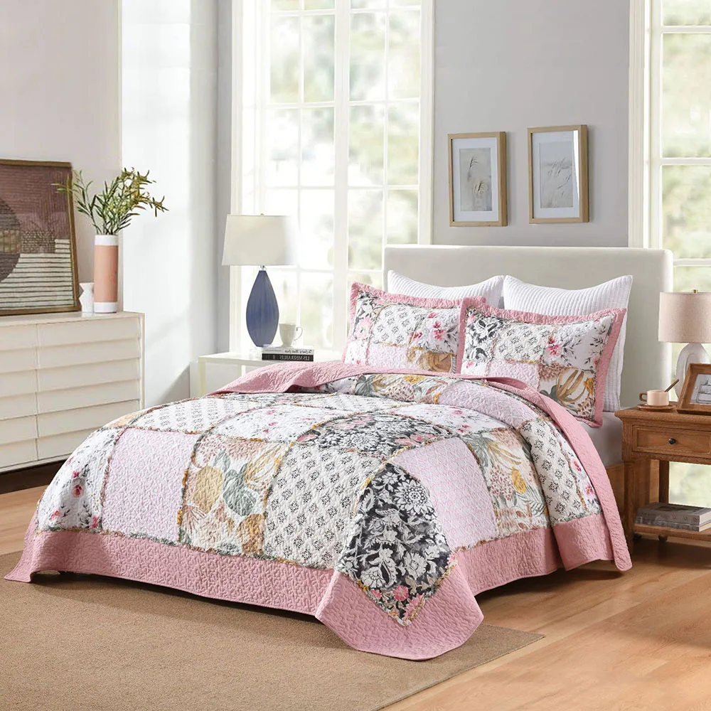 Light Pink American Patchwork Quilt Set 3pcs 100% Cotton Summer Thin Quilted Bedspread Lightweight Bed Cover