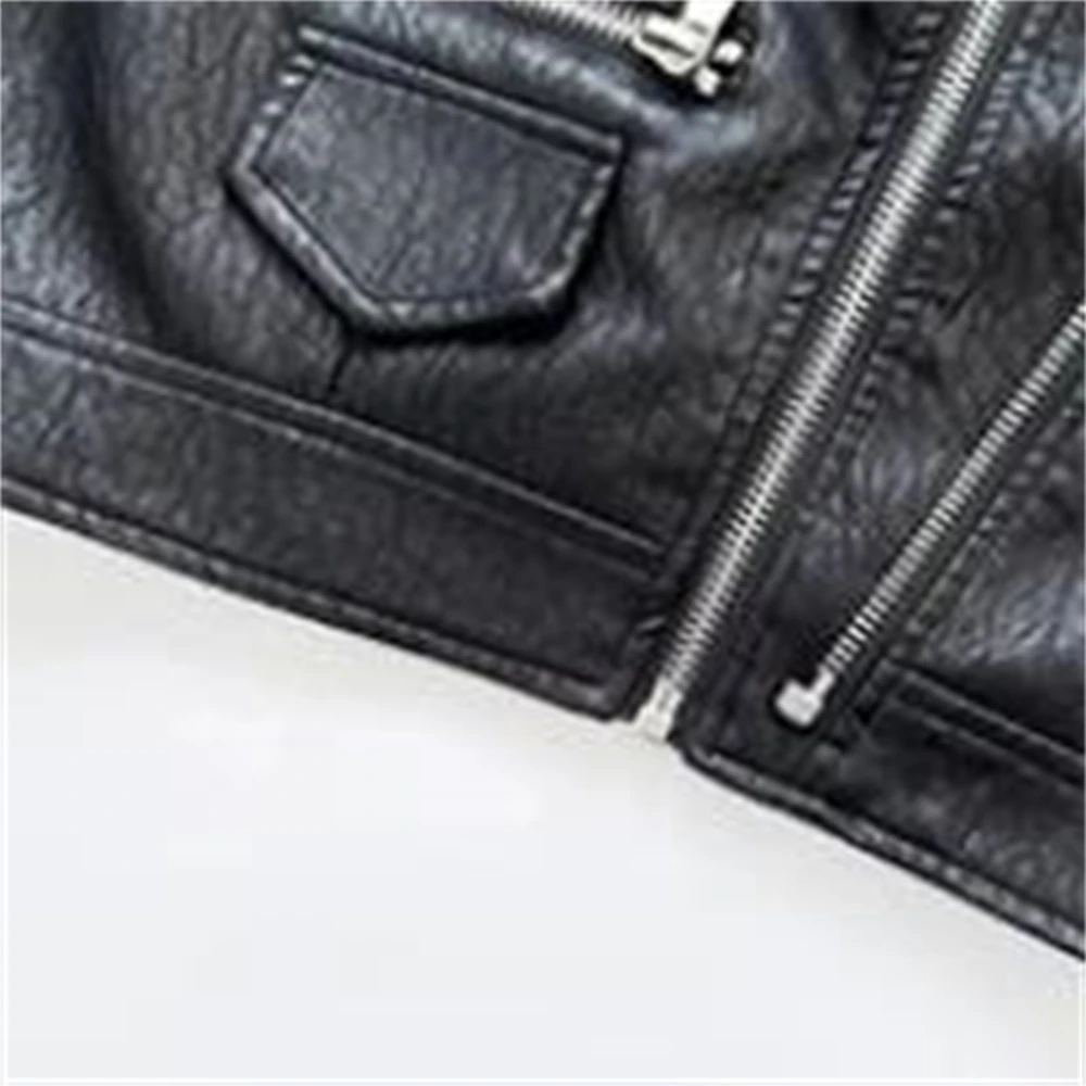 2024 Spring Imitation Leather Motor Jackets New Collection Long Sleeve Zippers Shoulder Black Short Punk Outerwear Women Coat