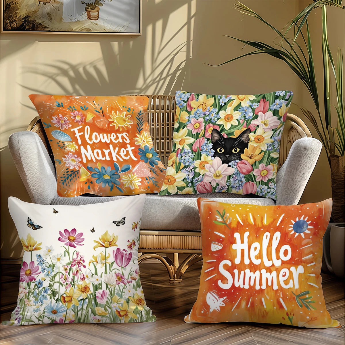 4pc Spring Summer Flower Market Throw Pillow Covers Cute Black Cat Hello Square Cushion Cases for Home Decor