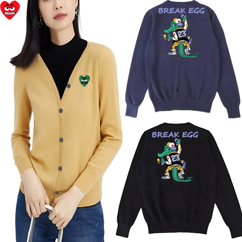 

Break Egg Women V-neck Knitted Cardigan Wool Sweater Heart Embroidered Crocodile Single Breasted Long Sleeve Autumn Sweater