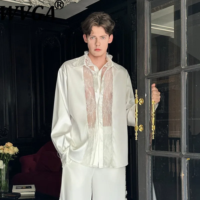 WVGA Spring Autumn New Men's High-End Lace Patchwork Long Sleeved Shirt Unique Design Faux Two-Piece French Style Top Ins W26690