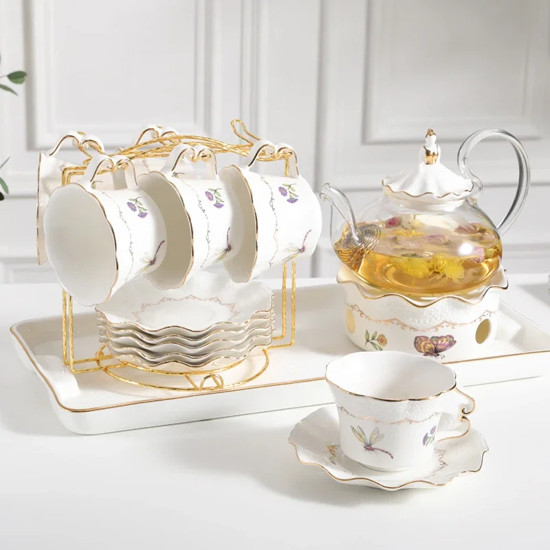 European Afternoon Tea Coffee Cup Glass Flower Teapot Set Home Creative Candle Heating Fruit Teapot Teacup Combination Gift