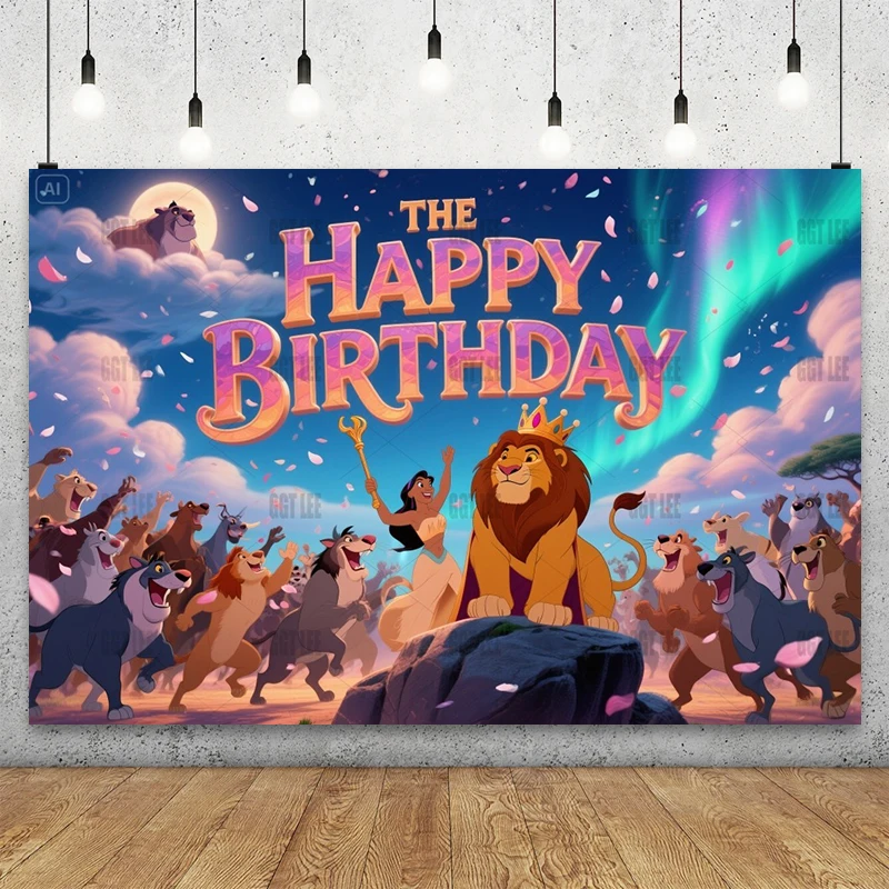 

MINISO Lion King Simba Pride Rock Backdrop - Mufasa Cloud Nala Rafiki Timon Pumbaa Petals Aurora Photography Banner Decor Custom