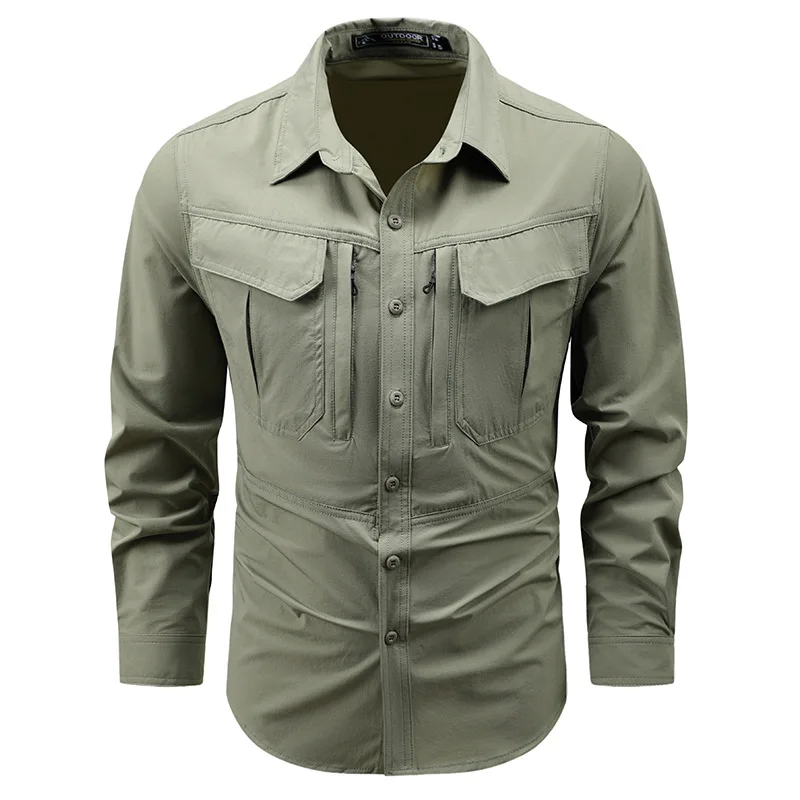 

Men Outdoor Elastic Quick Drying Cargo Shirts Multi Pockets Tooling Shirts New Spring Male Breathable and Comfortable Shirts 4XL