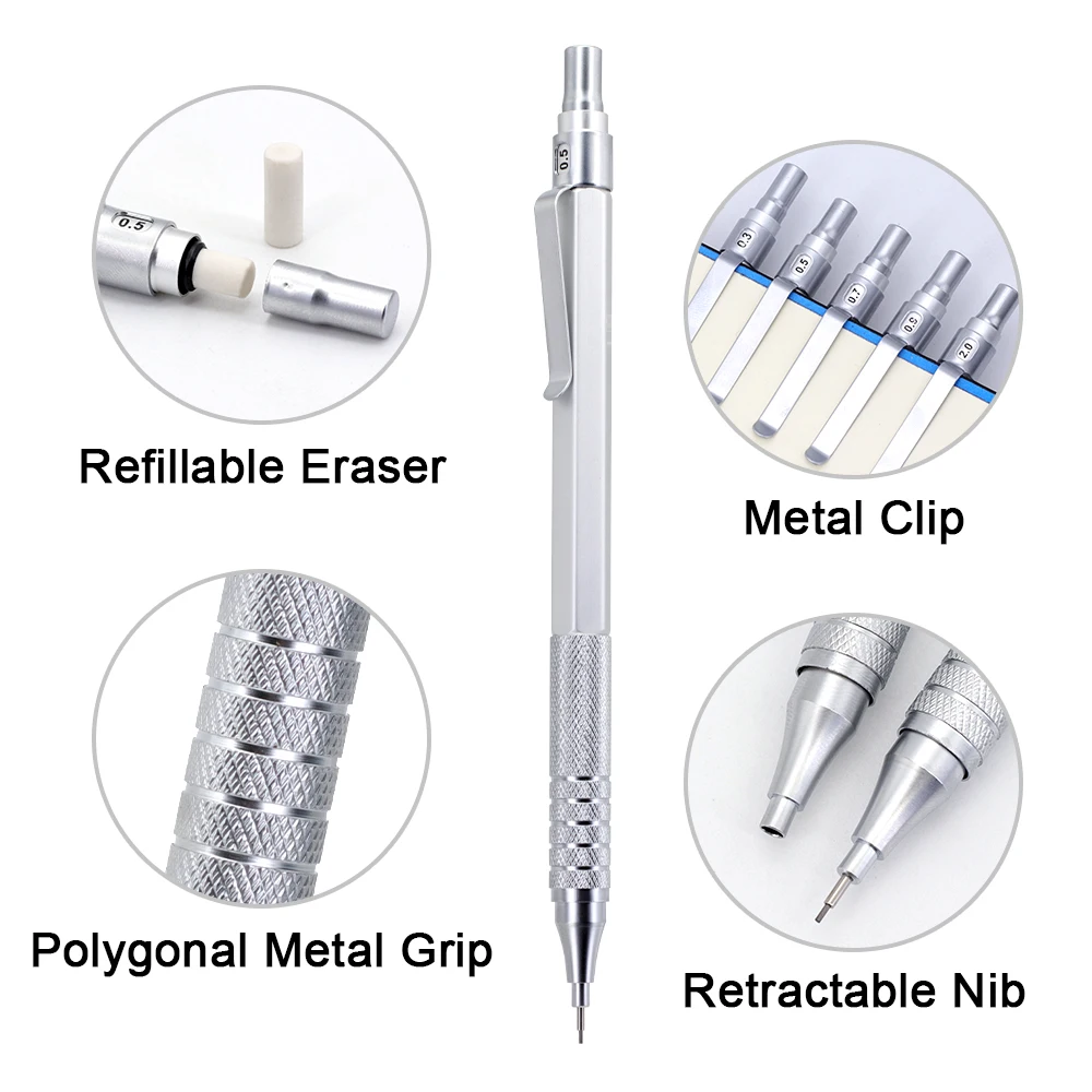0,5/0,7/0,9/2,0mm Metall-Druckbleistift-Set mit Ersatzminen, Mechanischer Bleistift für Skizzen, Schule und Schreibwaren – Detail 2