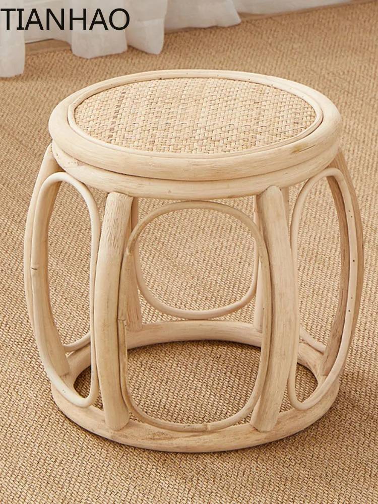 Furniture Rattan Woven Round Stool Mobile Living Room Entrance Changing Shoes Bench Creative Plant Vine Drum Stools