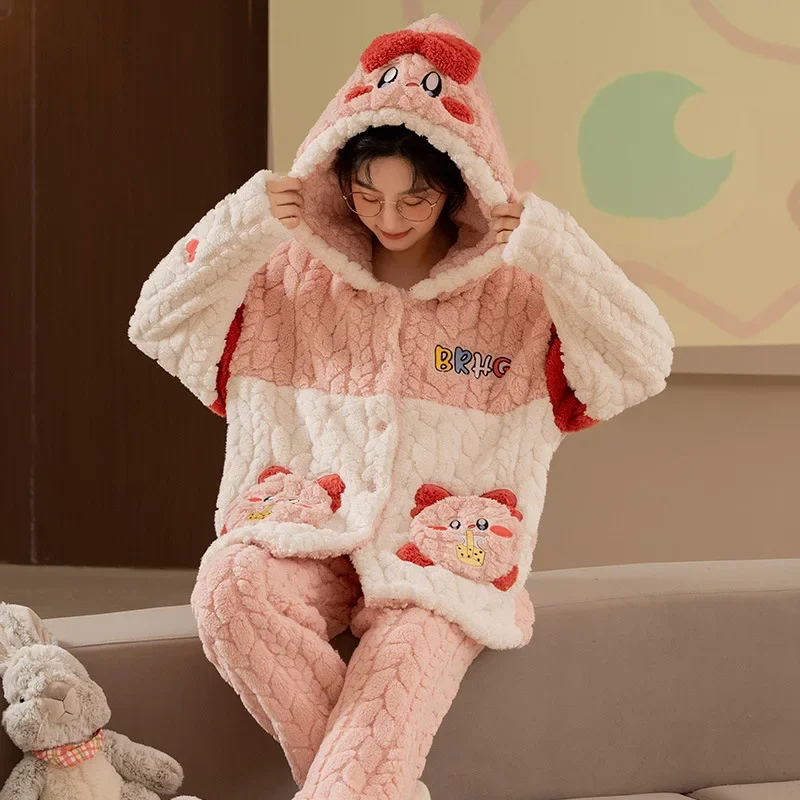 Star Kirby Cartoon Cute Coral Velvet Couple Pajamas Girl Winter Nightgown Thickened Fleece Loungewear Set Wear Gift Outside