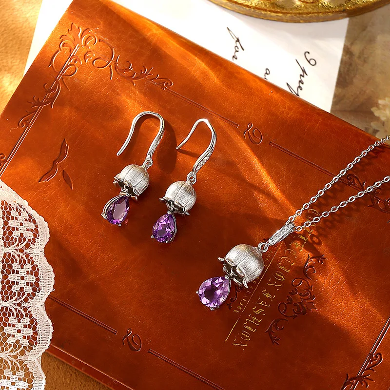 Luxury S925 Sterling Silver Lily Of The Valley Brushed Jewelry Set Teardrop Crystal Inlaid Necklace Earrings Gemstone Options
