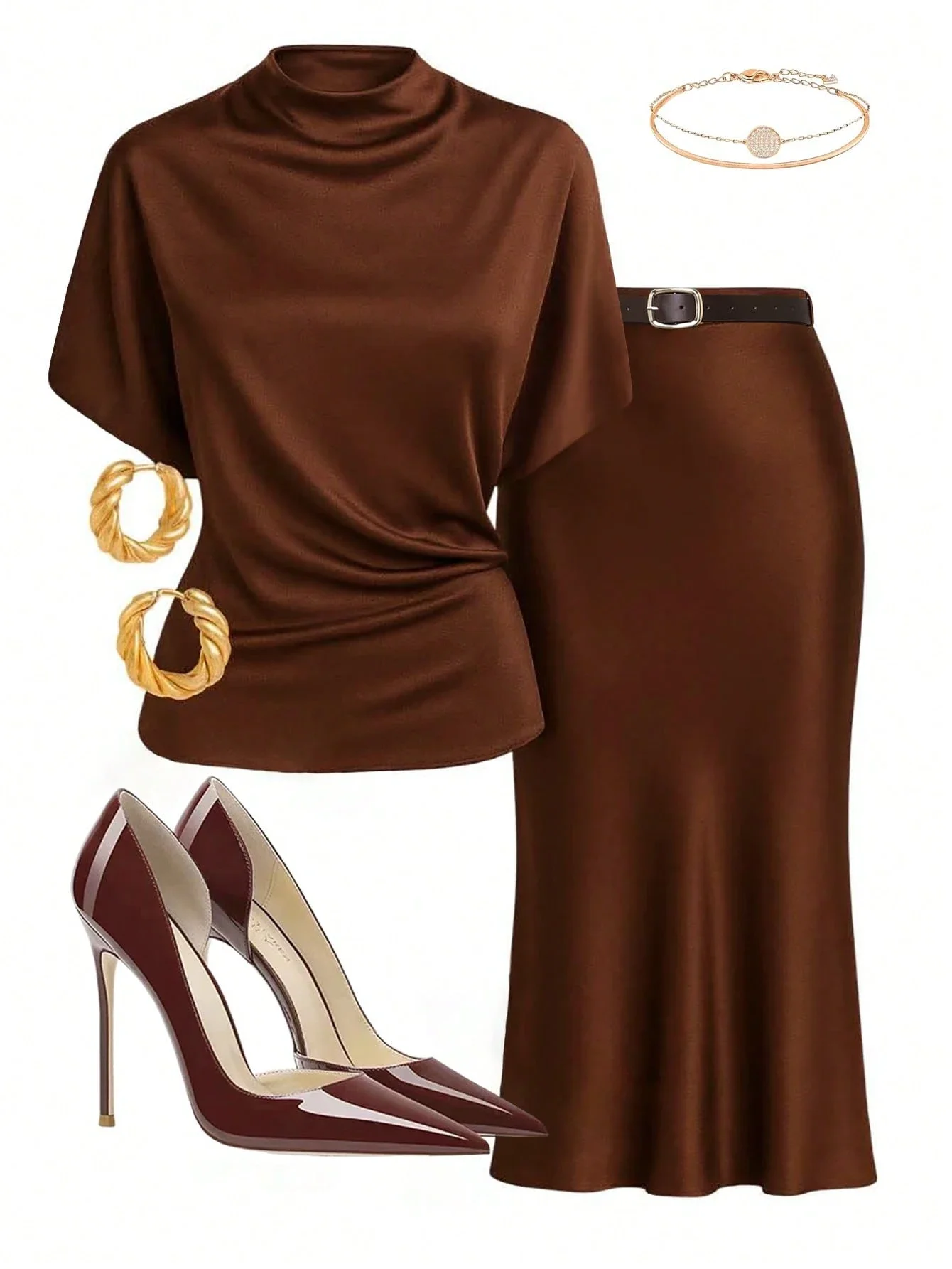 

Коричневый атласный комплект из двух предметов: топ с высоким воротником и короткими рукавами и юбка-карандаш с поясом