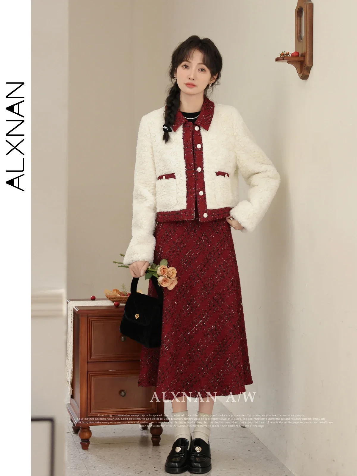 ALXNAN grande taille robe rouge sans manches 2025 automne col carré nœud élégant a-ligne femmes robes mi-longues vendu séparément D01008