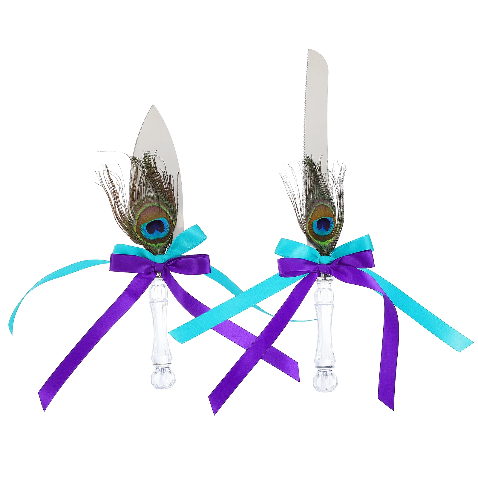 

2 Pcs Peacock Hair Knife Cake Utensils Stainless Steel Acrylic Handle Ribbon Wedding Cake Party Supplies Festival Gift