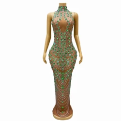 Silver Green Rhinestones Flower Birthday Celebrate Brown Dress Backless Graduation Transparent Outfit Collection Costume qingse